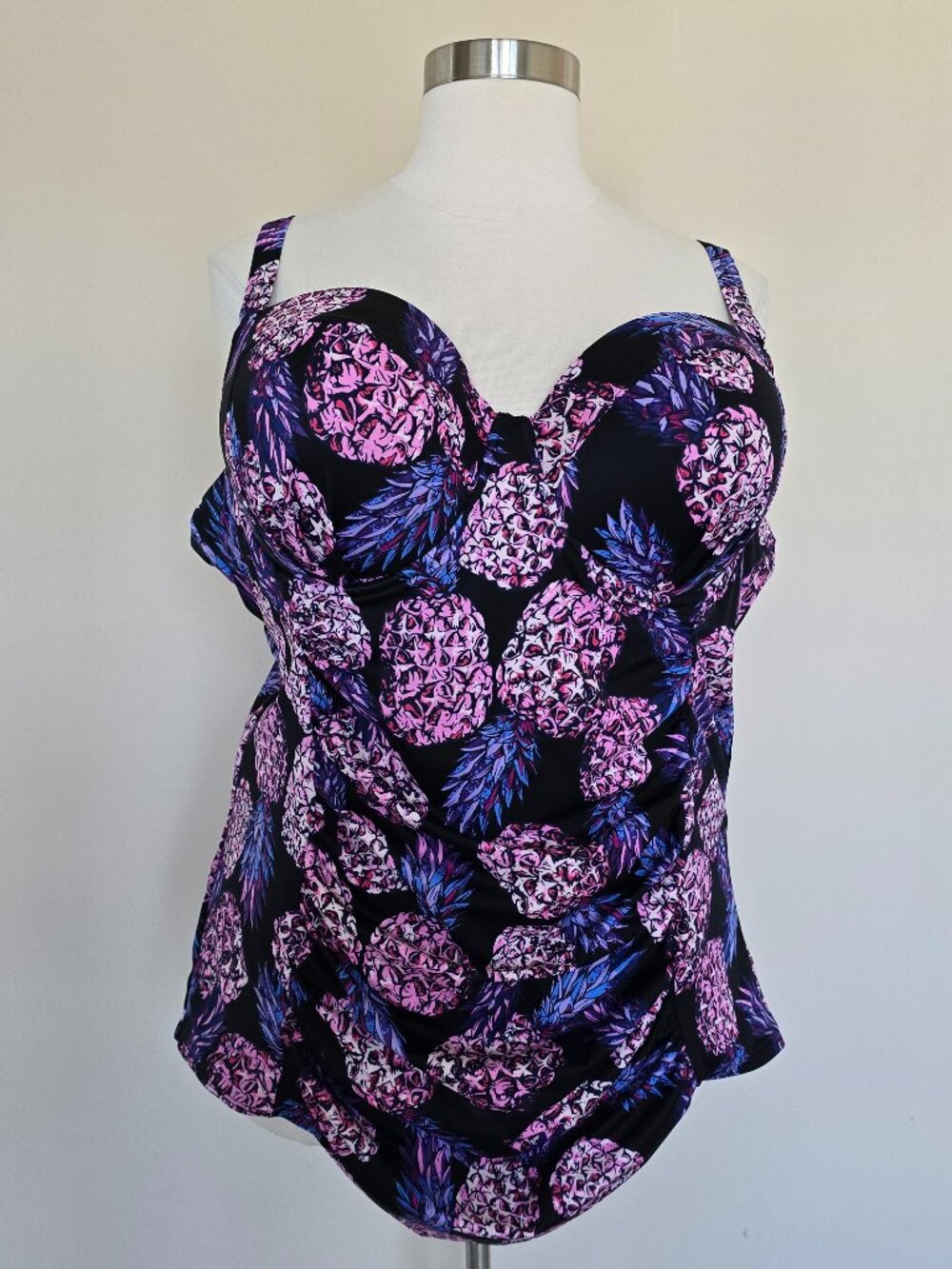 Torrid Plus Size 6S Pink Purple Pineapple Push-Up Demi Slim Fix Ruched Swimsuit